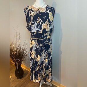Lauren Ralph Lauren Women’s 14 Navy Floral Midi Dress Belted Sleeveless